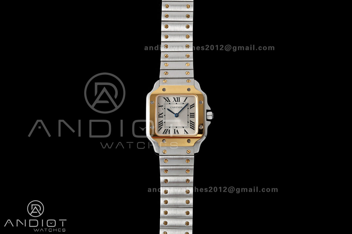 Santos W2SA0033 27x34mm AF 1:1 Best Edition Silver Dial ON SS/YG SmartLinks Bracelet Ronda Quartz